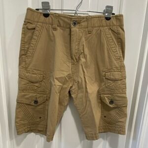 PLUGG Men's Beige Cargo Shorts Cotton Spandex Pockets Button Zip Flat Front